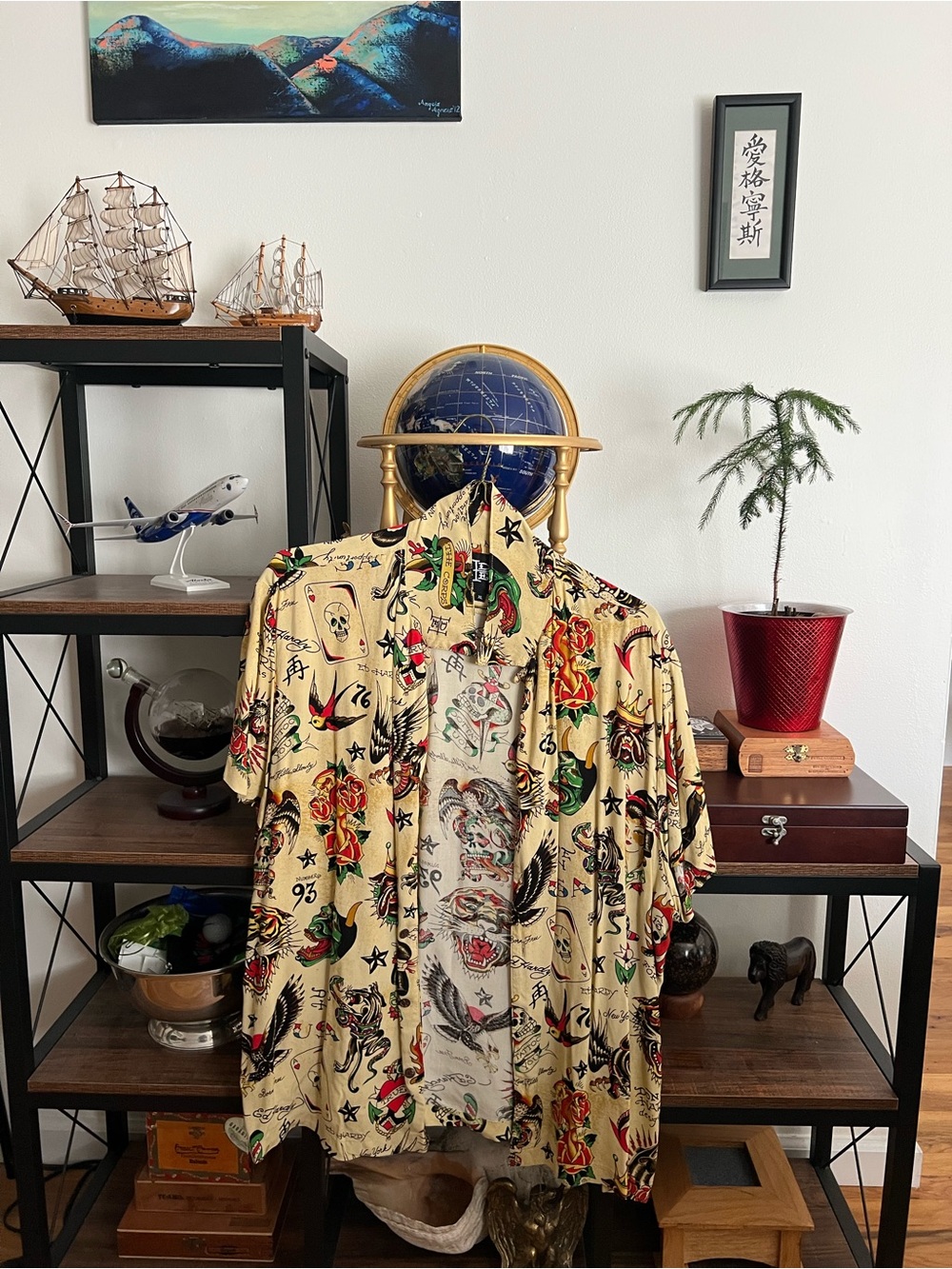 Ed Hardy XL Vintage-Inspired Beige Tattoo Print Short-Sleeve Shirt - Men